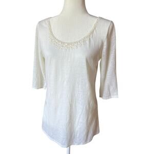 Eileen Fisher 100% Linen 3/4 Sleeve Beaded Scoop Neck Top Women's Size XS Luxury